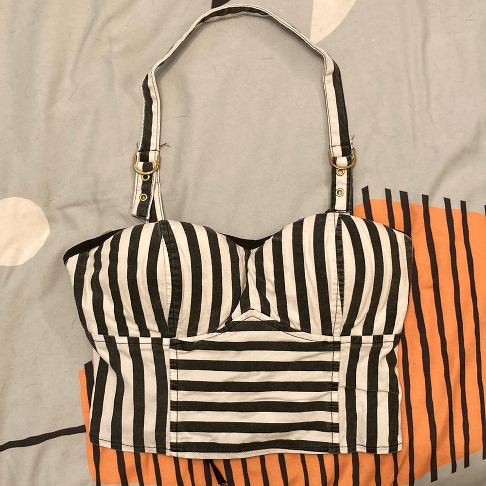 Striped halter crop with lace up back